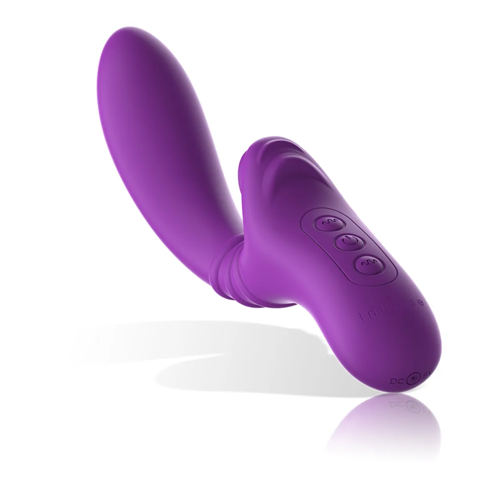 Emballage et vibrateur flexible Harry en silicone violet avec une zone de stimulation clitoridienne et une languette articulée, marque Intense