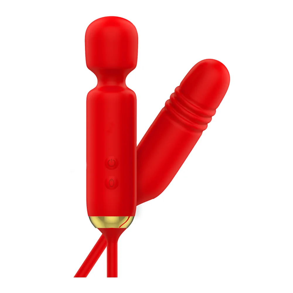 Wand rouge en silicone avec tête arrondie et applicateur incurvé, base dorée, sur fond blanc