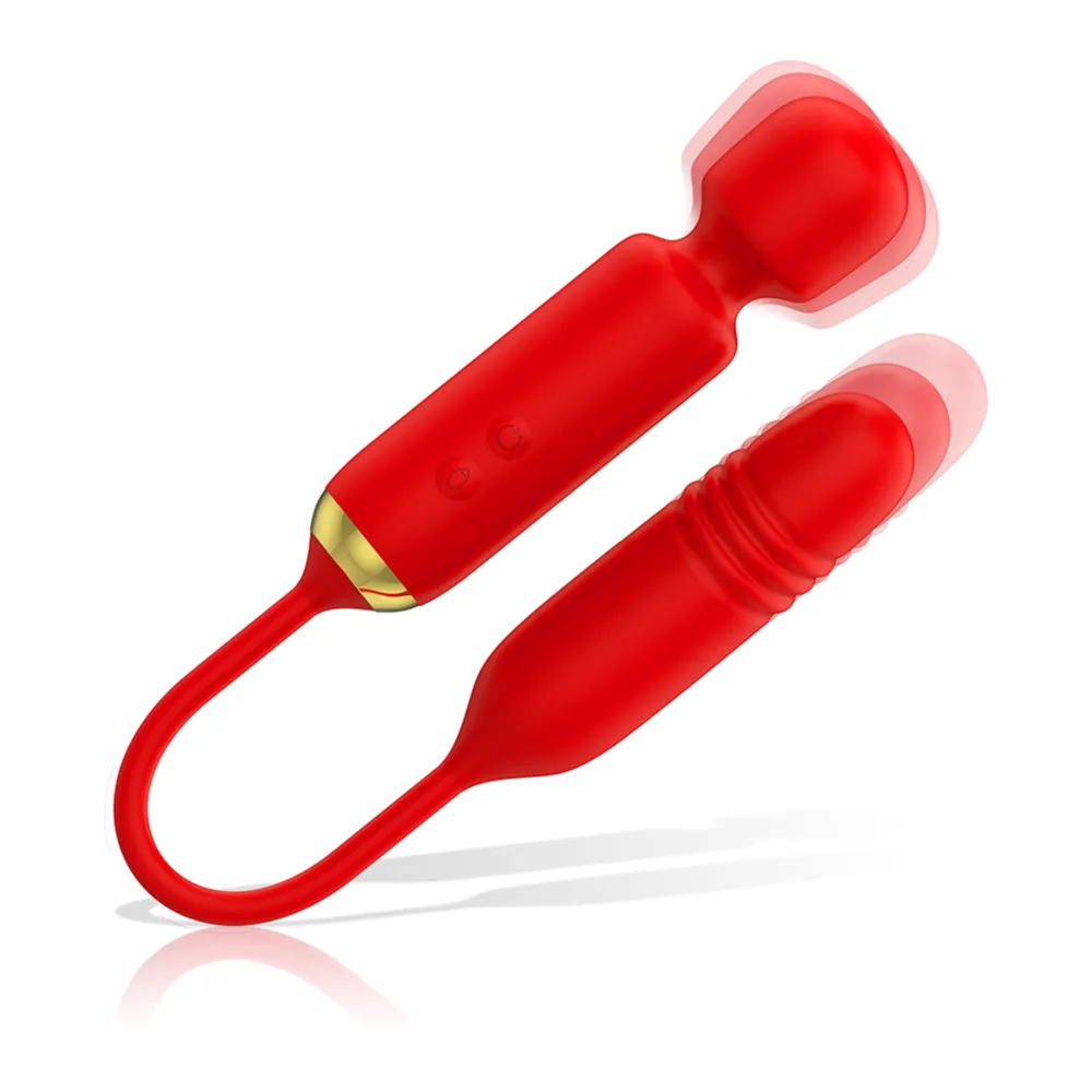 Wand rouge en silicone avec tête arrondie et applicateur incurvé, base dorée, sur fond blanc