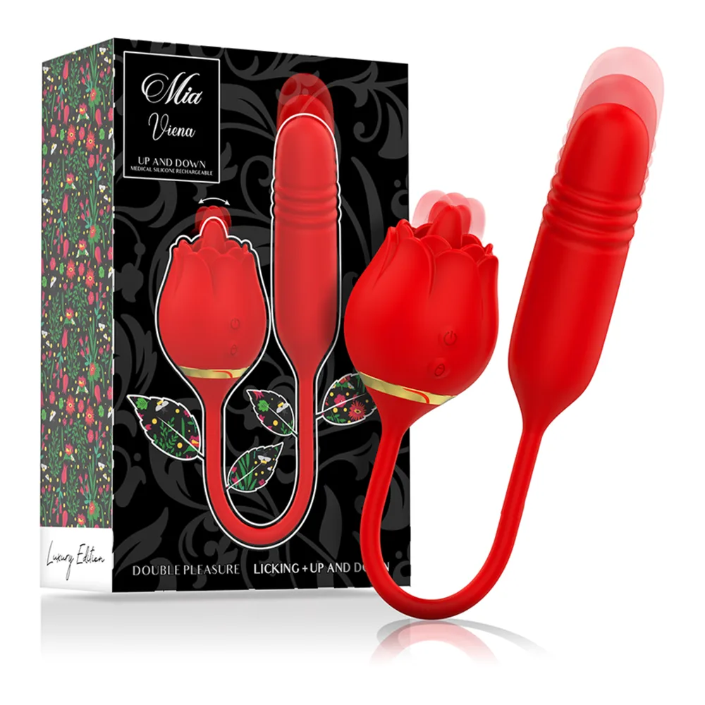 Vibromasseur rouge en forme de rose avec tête léchante texturée et tige vibrante cylindrique reliée par un cordon flexible, sur fond blanc