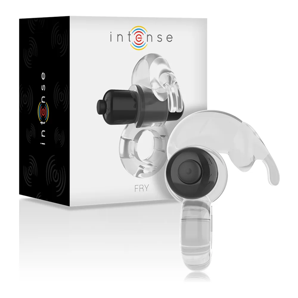 Emballage et anneau vibrant Intense Fry en silicone transparent avec moteur noir, présenté en boîte blanche et noire avec logo Intense