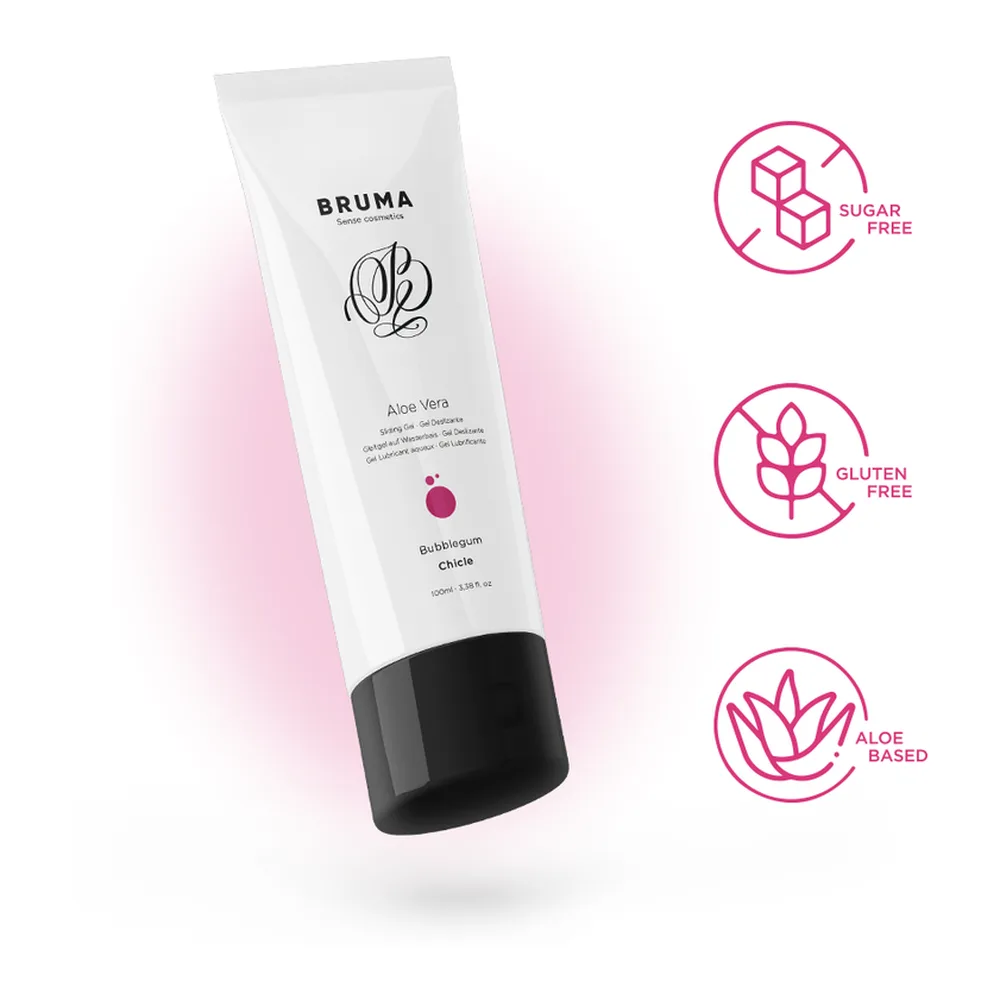 Tube blanc de gel lubrifiant Bruma à l'aloe vera et saveur bubblegum, capuchon noir, sur fond rose avec logos certifications sans sucre, sans gluten et à base d'aloe