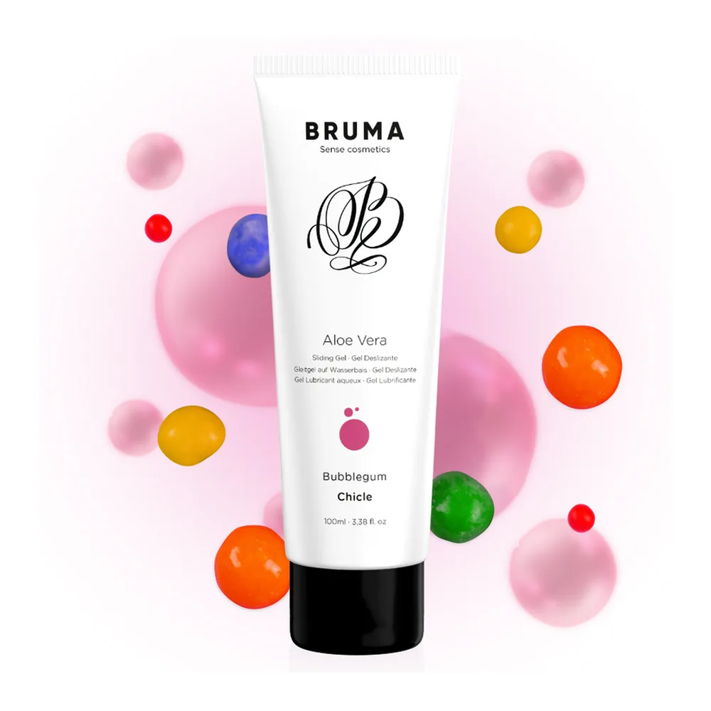 Tube blanc de gel lubrifiant Bruma à l'aloe vera et saveur bubblegum, capuchon noir, sur fond rose avec logos certifications sans sucre, sans gluten et à base d'aloe