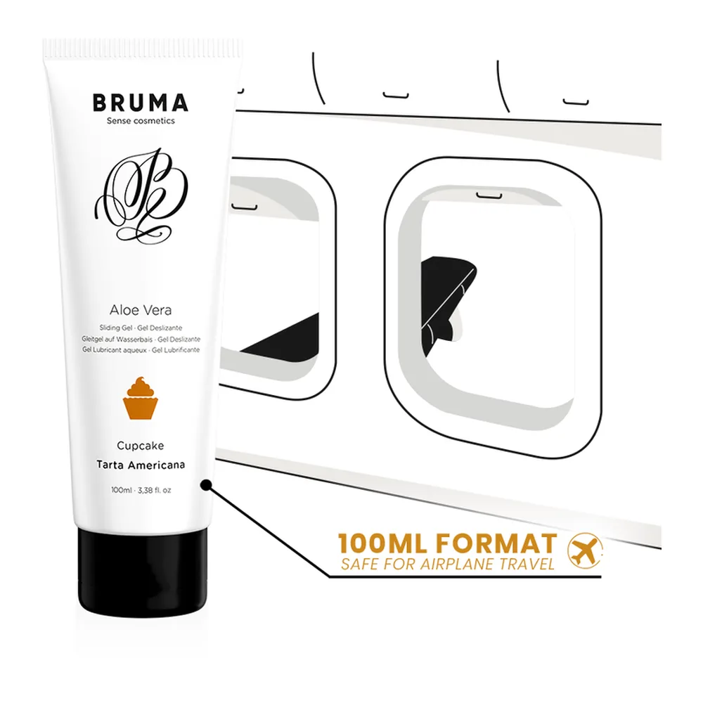 Tube blanc de gel lubrifiant Bruma à l'aloe vera, parfum cupcake, 100 ml, avec capuchon noir, présenté aux côtés de schémas montrant sa conformité pour bagage cabine avion