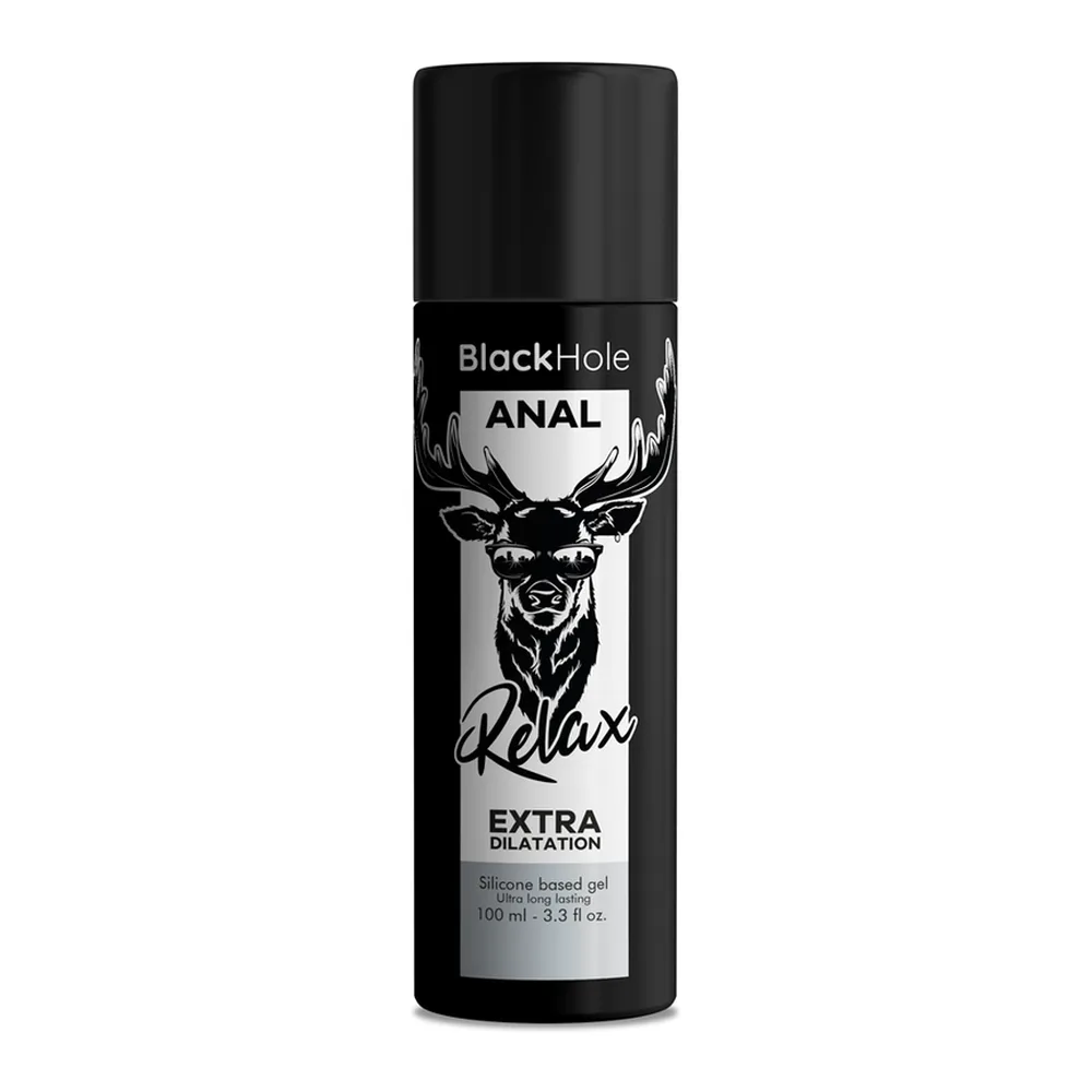 Flacon de gel lubrifiant noir Black Hole Anal Relax 100 ml à base de silicone, avec étiquette grise présentant un motif de cerf stylisé