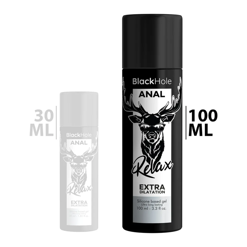 Flacon de gel lubrifiant noir Black Hole Anal Relax 100 ml à base de silicone, avec étiquette grise présentant un motif de cerf stylisé