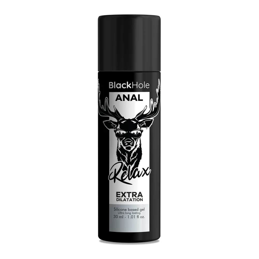Flacon noir avec pompe de gel lubrifiant anal à base de silicone, marque BlackHole, 30 ml, étiquette blanche avec illustration de cerf stylisé