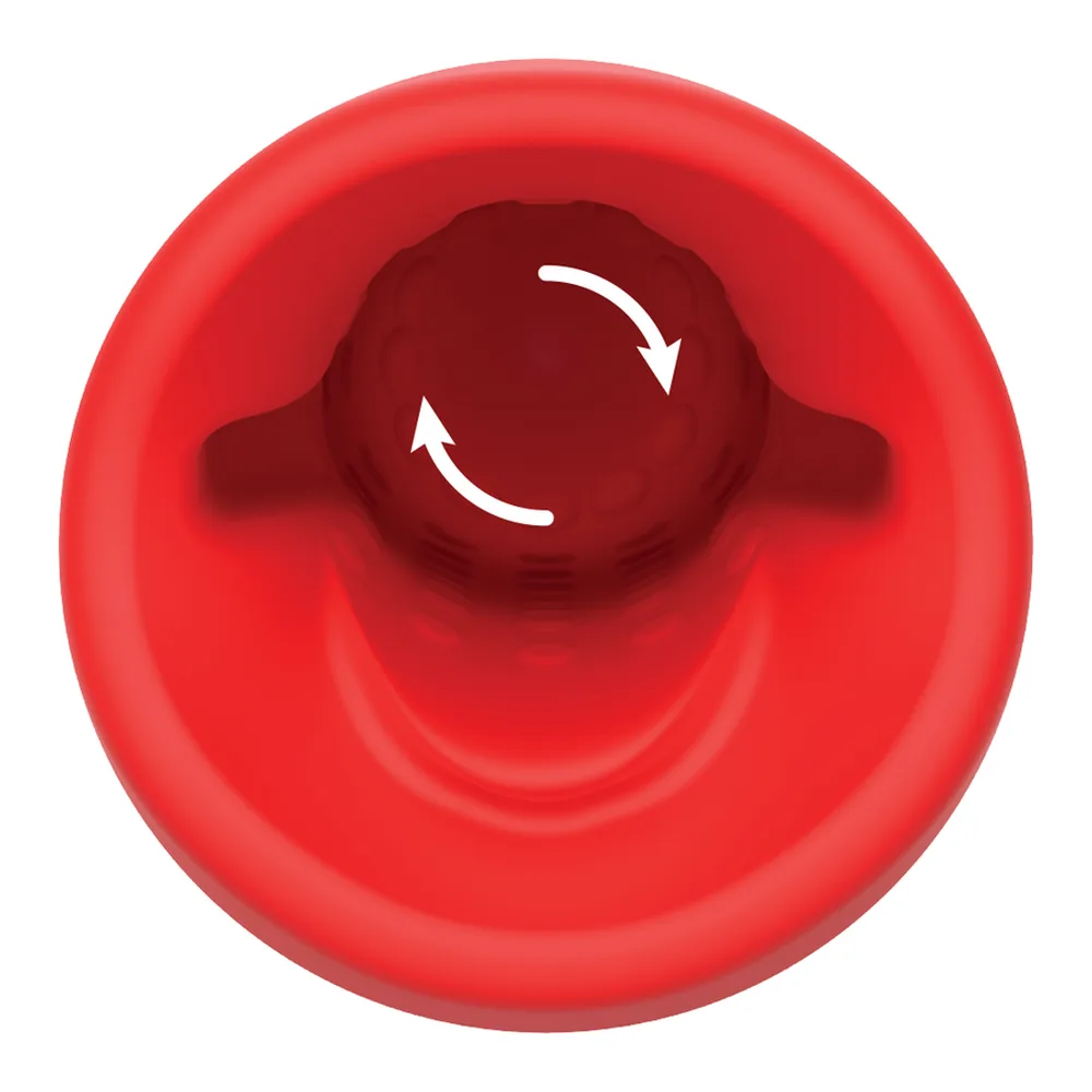 Masturbateur automatique Spin-X noir et rouge avec emballage, montrant l'appareil cylindrique et le manchon intérieur rouge amovible sur fond blanc