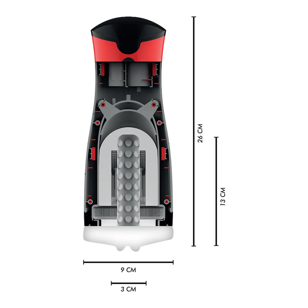 Schéma technique du masturbateur automatique Dameron vue de dessus, noir et rouge, avec dimensions : 26 cm de hauteur, 9 cm de largeur, manchon interne gris visible