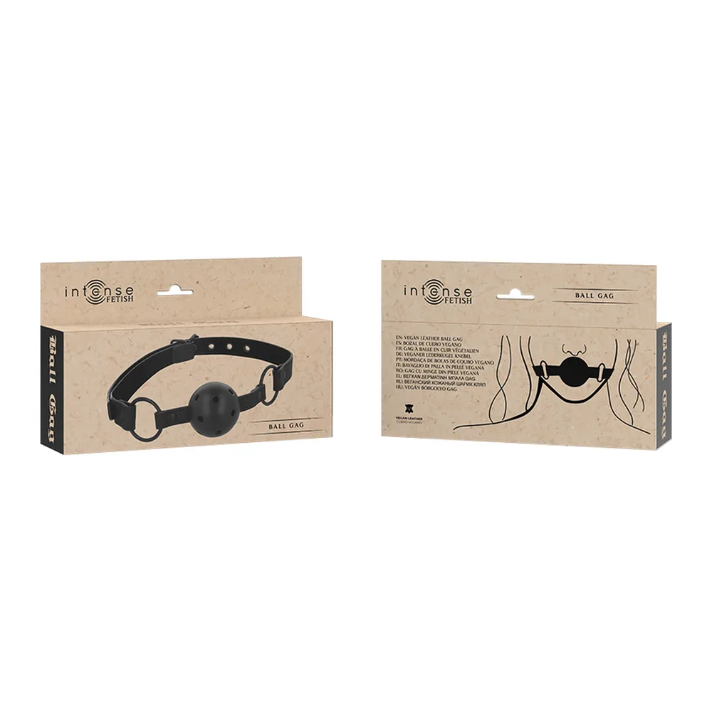Bâillon boule cuir végétalien noir perforé ajustable, autre vue 3