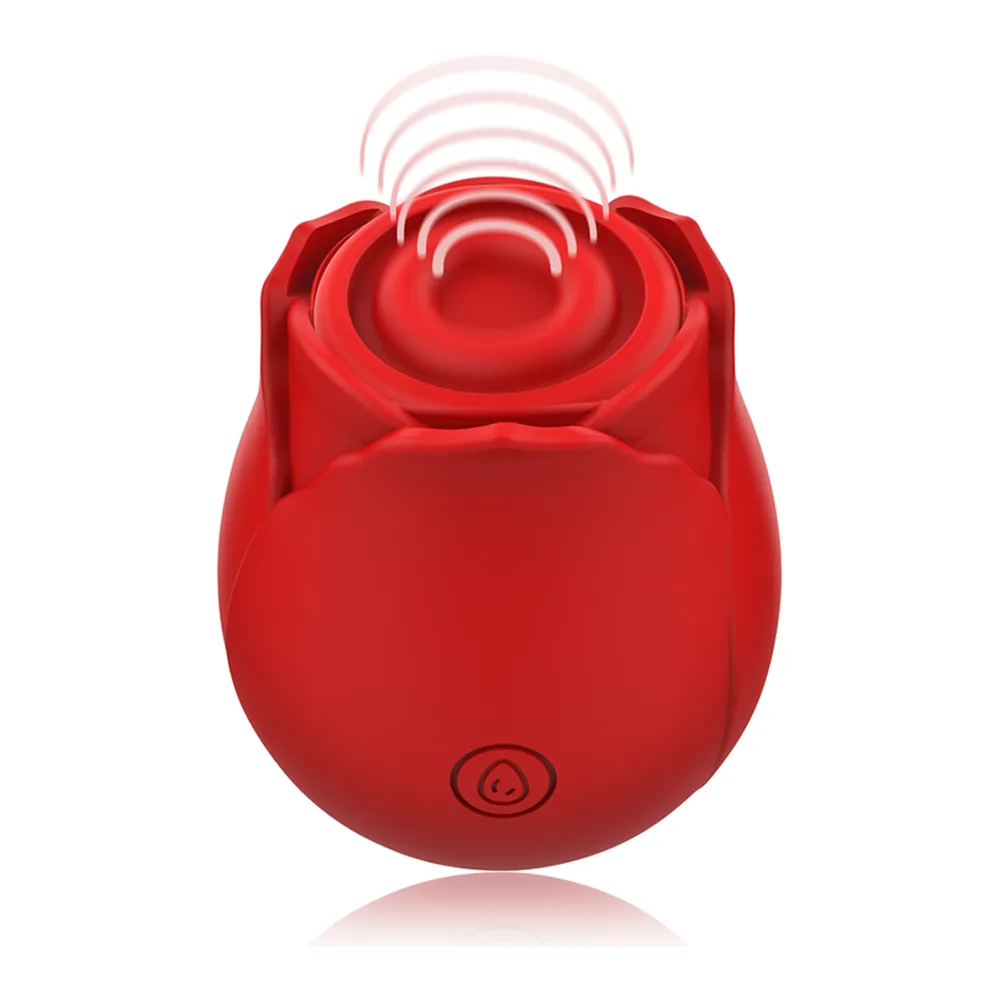 Stimulateur clitoral rouge en silicone, forme bombée avec ouverture circulaire en haut entourée de pétales, affichant un logo à la base, sur fond blanc