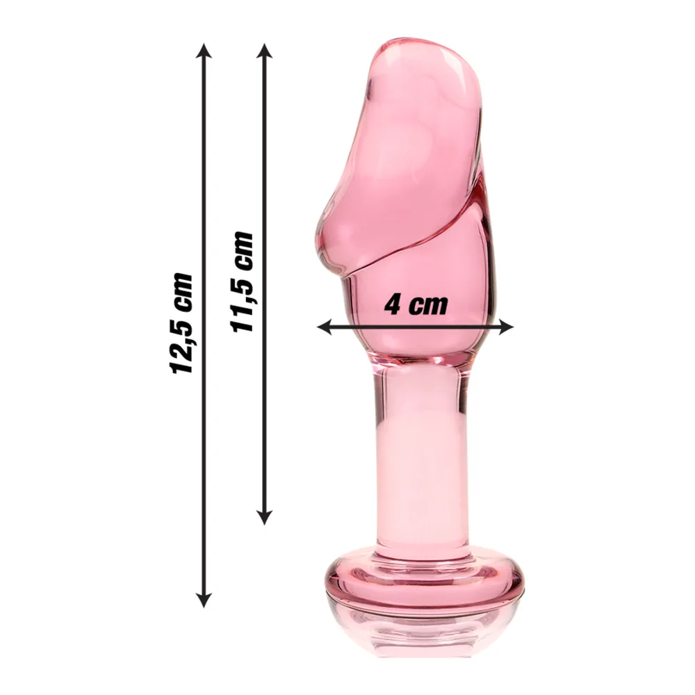 Plug anal en verre transparent avec tête bombée sculptée en biseau, col étroit et base évasée circulaire, sur fond blanc