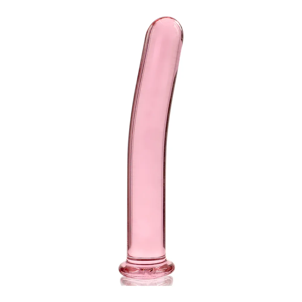 Gode en verre borosilicate transparent avec forme allongée et arrondie, base plate circulaire, surface lisse et brillante sur fond noir