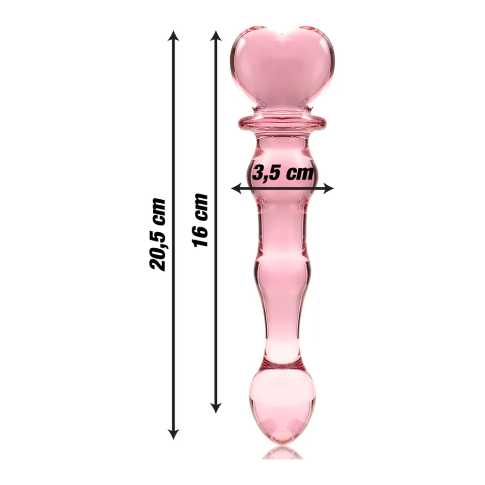 Gode en verre rose transparent avec une extrémité en forme de cœur, tige perlée avec quatre renflements graduels et base pointue, fond blanc