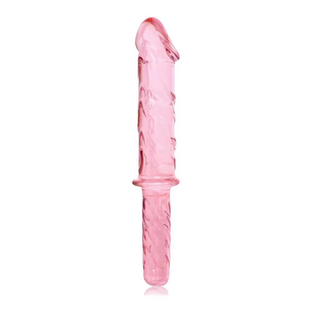 Emballage d'un gode en verre borosilicate transparent avec motif torsadé, présentant le produit en vue de face et ses dimensions techniques sur fond noir