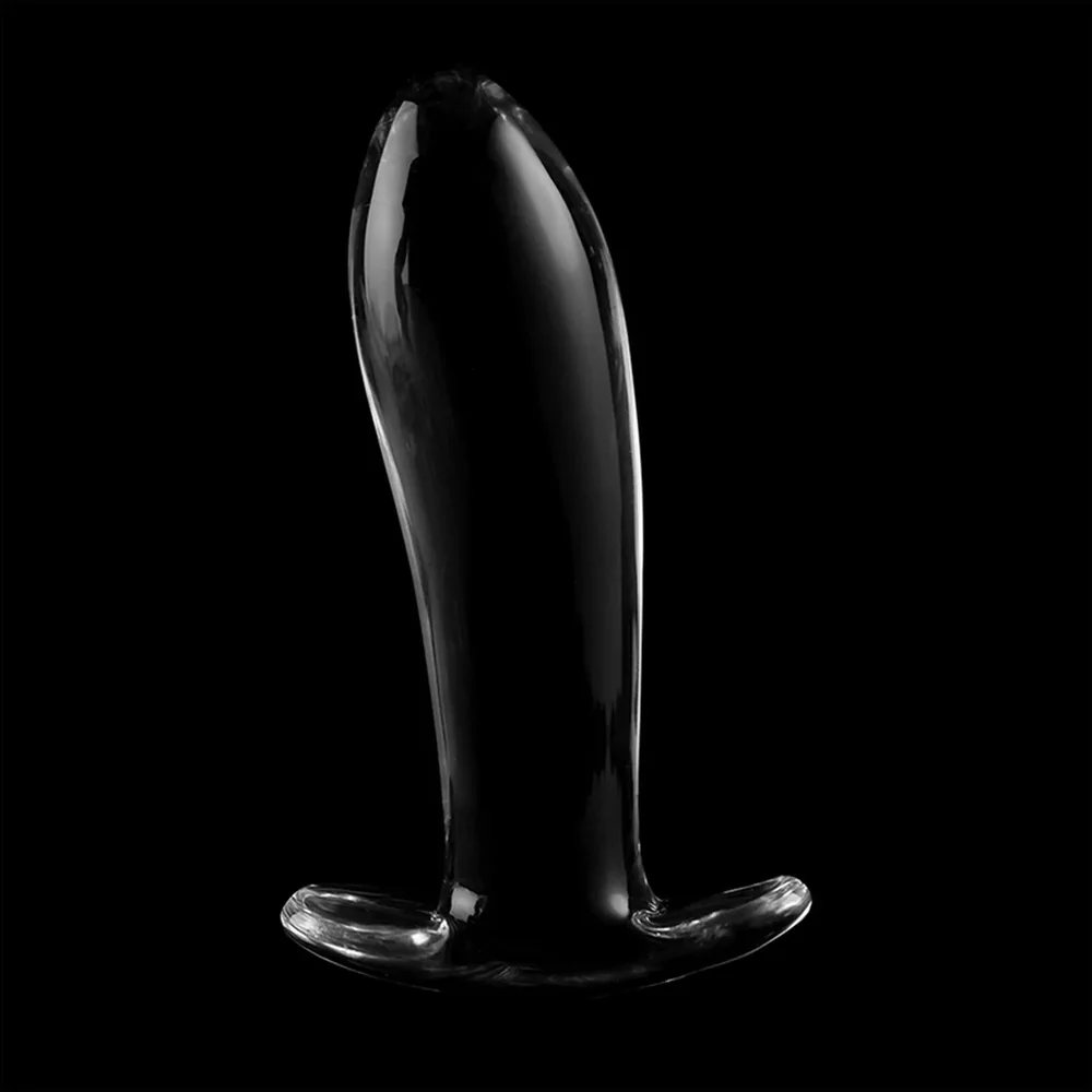 Schéma de dimensions d'un plug anal en verre transparent avec base évasée, mesurant 12,5 cm de longueur totale et 3,5 cm de largeur au corps