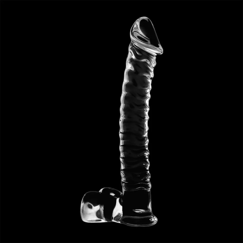 Emballage noir et sextoy en verre transparent avec relief spiralé, gode de 21,5 cm en borosilicate clair, base évasée et embout arrondi, présenté hors de sa boîte