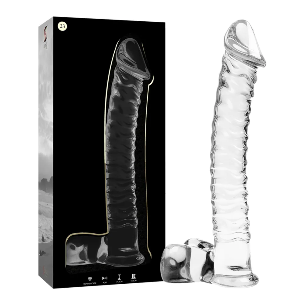 Emballage noir et sextoy en verre transparent avec relief spiralé, gode de 21,5 cm en borosilicate clair, base évasée et embout arrondi, présenté hors de sa boîte