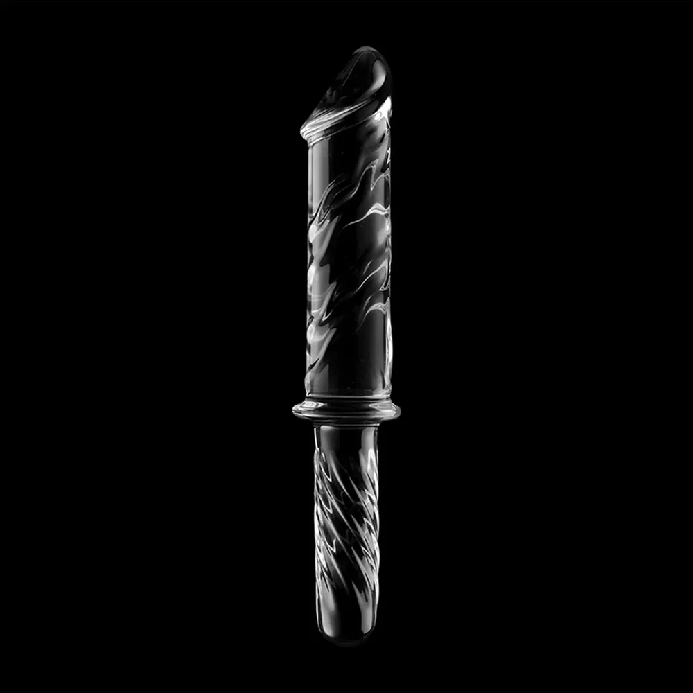 Emballage d'un gode en verre borosilicate transparent avec motif torsadé, présentant le produit en vue de face et ses dimensions techniques sur fond noir