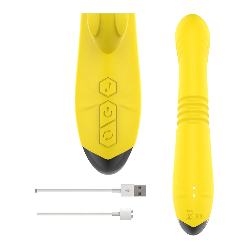 Schéma de dimensions du vibromasseur Toky Down en silicone jaune, montrant la tige de 13 cm, le diamètre de 4,4 cm et la longueur totale de 24 cm