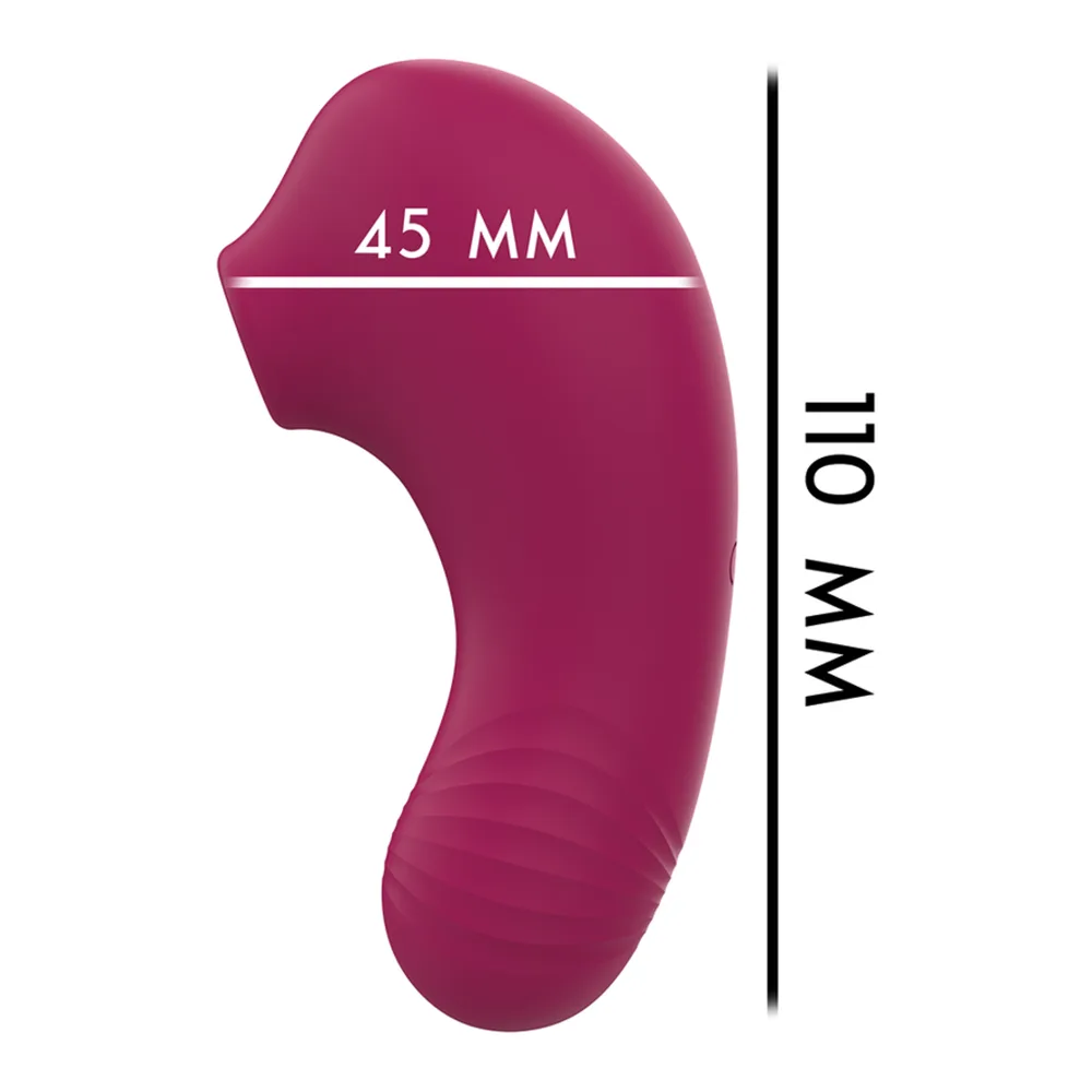 Schéma de dimensions d'un stimulateur clitoridien noir en silicone, affichant une largeur de 45 mm et une hauteur de 110 mm