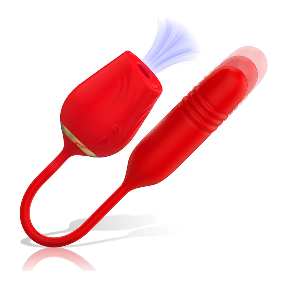 Stimulateur clitoridien rouge avec tête en forme de fleur et tige flexible dotée d'un embout vibrant, télécommande visible, sur fond blanc