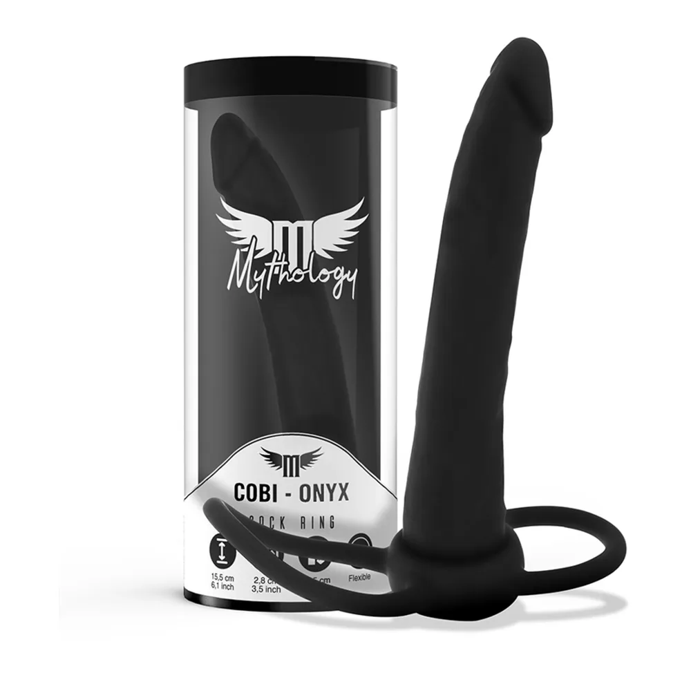 Gode anal noir en silicone Cobi Onyx de Mythology, avec deux anneaux d'insertion intégrés, présenté avec son emballage cylindrique noir et blanc et sa télécommande