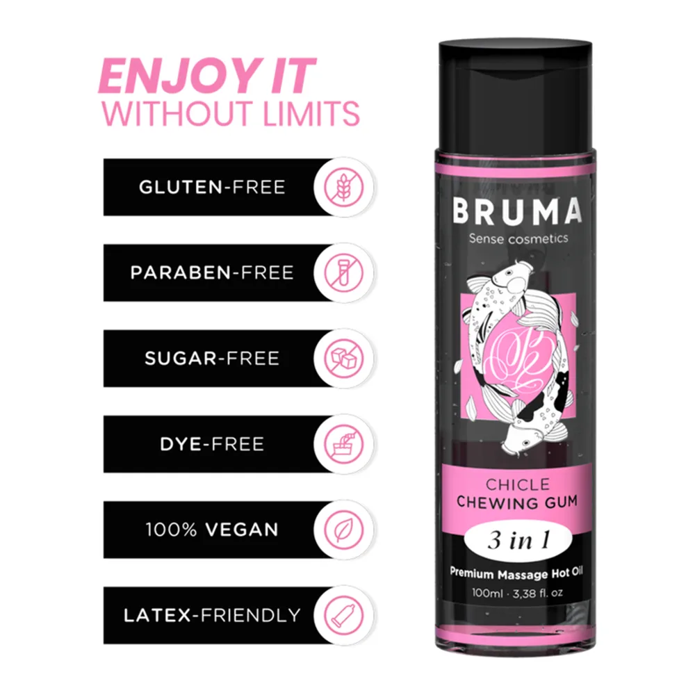 Flacon noir et rose de 100ml d'huile de massage chauffante Bruma saveur chicle chewing-gum, étiquette rose avec illustration stylisée