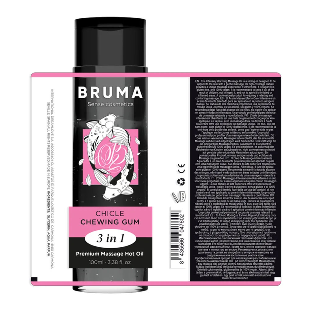 Flacon noir et rose de 100ml d'huile de massage chauffante Bruma saveur chicle chewing-gum, étiquette rose avec illustration stylisée