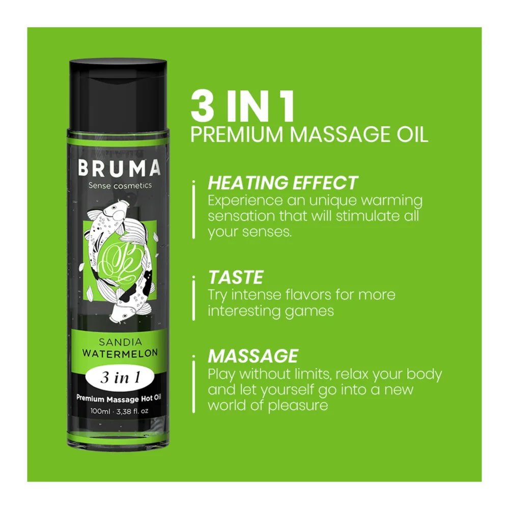Flacon spray noir et vert de 100 ml d'huile de massage chauffante Bruma Sandia Watermelon 3 en 1, étiquette verte avec illustration de pastèque et fleur blanche