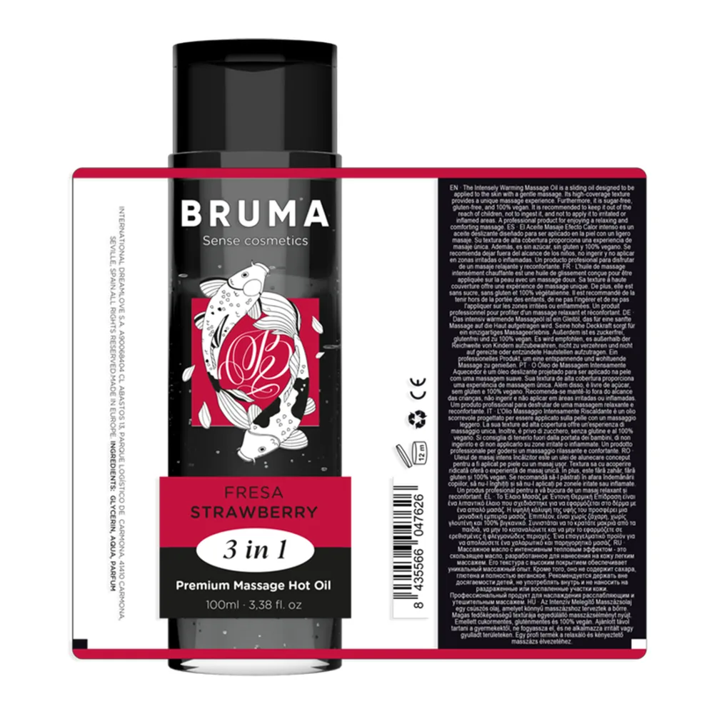 Flacon d'huile de massage BRUMA Senso cosmetics parfum fraise, 100ml, emballage noir et rose avec illustration stylisée, étiquette « 3 in 1 Premium Massage Hot Oil »