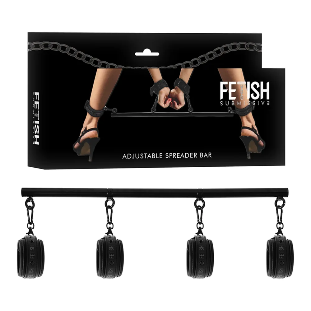 Emballage et barre séparateur réglable noire avec quatre menottes de cheville en néoprène attachées par chaînes, sur fond blanc
