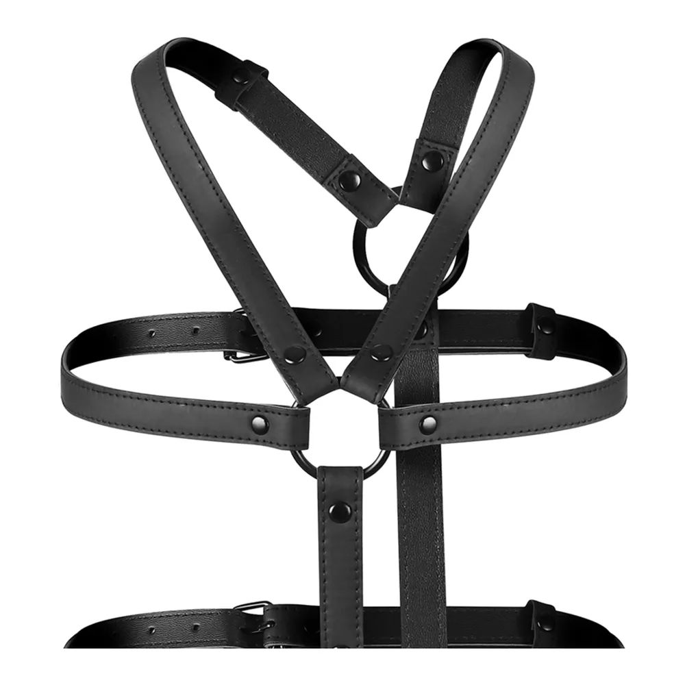 Harnais noir réglable avec trois ceintures horizontales reliées par deux larges bandes verticales, épaulettes et boucles métalliques, fond blanc