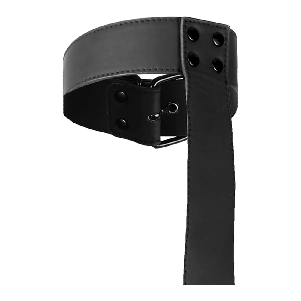 Ensemble de retenue en cuir synthétique noir composé d'un collier relié à une ceinture par une structure verticale réglable, avec deux manchettes pour les poignets