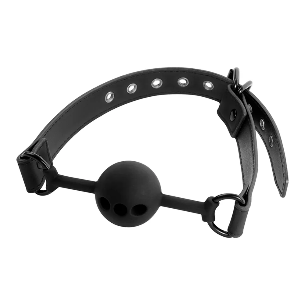Bâillon boule en silicone noir avec trous de respiration, lanières noires ajustables terminées par boucles de dégagement rapide