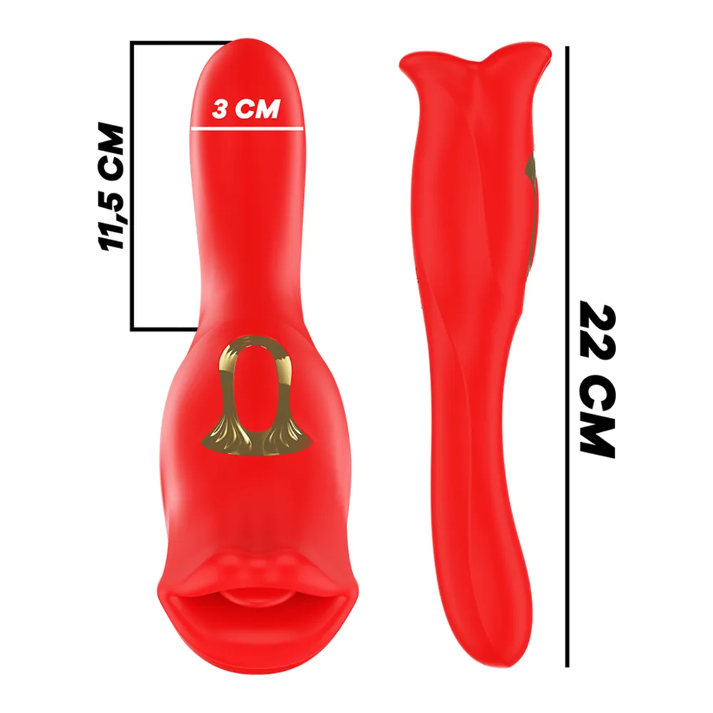 Vibromasseur rouge en silicone avec embout en forme de bouche, vue de profil sur fond blanc