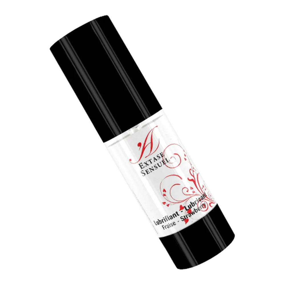 Flacon airless noir et blanc de 100 ml de lubrifiant comestible à la fraise, avec capuchon noir et étiquette ornementée rouge et blanc