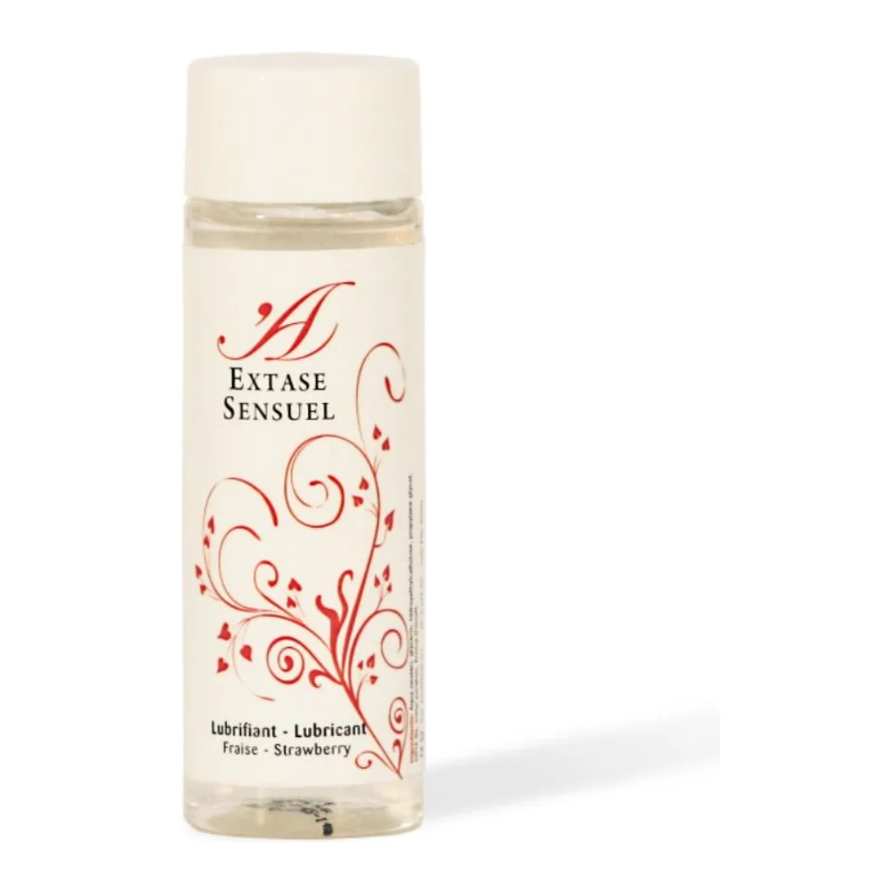 Flacon airless noir et blanc de 100 ml de lubrifiant comestible à la fraise, avec capuchon noir et étiquette ornementée rouge et blanc