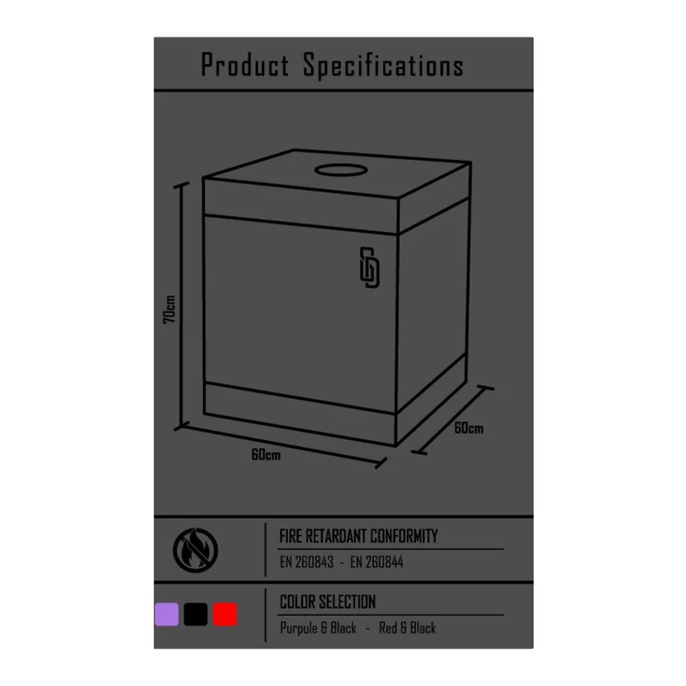 Schéma de dimensions d'une cabine carrée 60×60 cm avec ouverture frontale, accompagné de normes de conformité incendie et palette de couleurs disponibles (violet, noir, rouge)