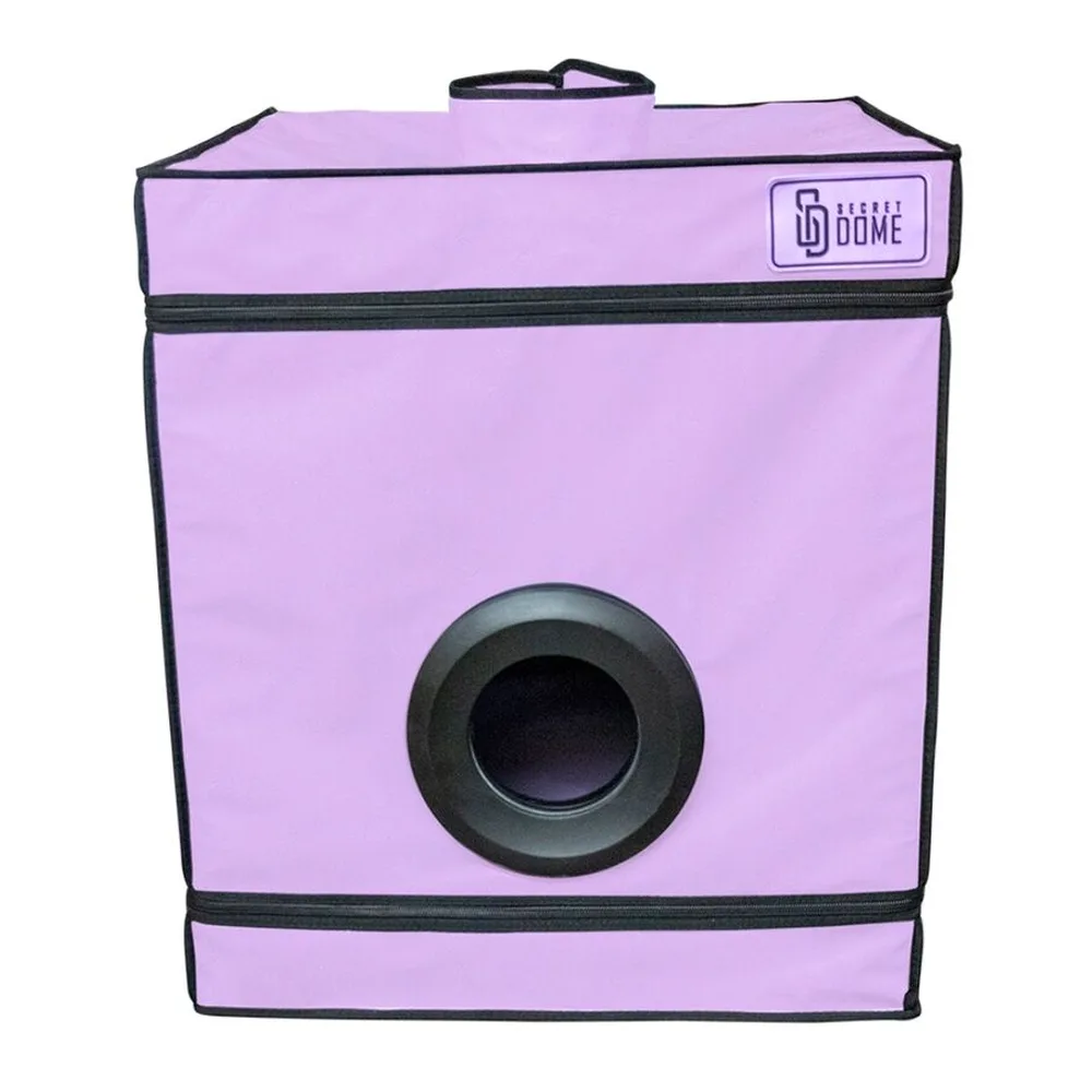 Schéma de dimensions d'une cabine carrée 60×60 cm avec ouverture frontale, accompagné de normes de conformité incendie et palette de couleurs disponibles (violet, noir, rouge)