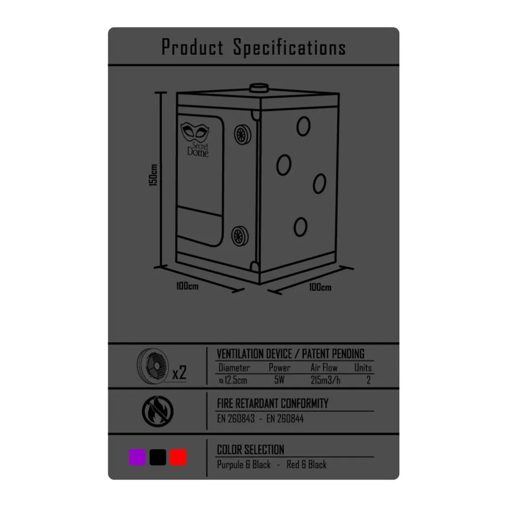 Schéma de dimensions d'une cabine de jeu carrée noire de 100 cm, vue en perspective, montrant les points de ventilation, les points d'ancrage et les détails de construction