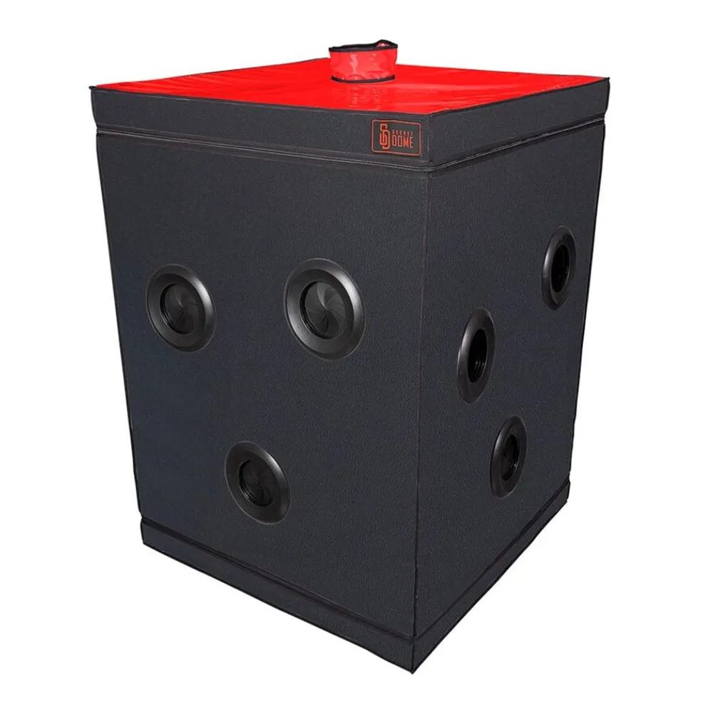 Schéma de dimensions d'une cabine de jeu carrée noire de 100 cm, vue en perspective, montrant les points de ventilation, les points d'ancrage et les détails de construction