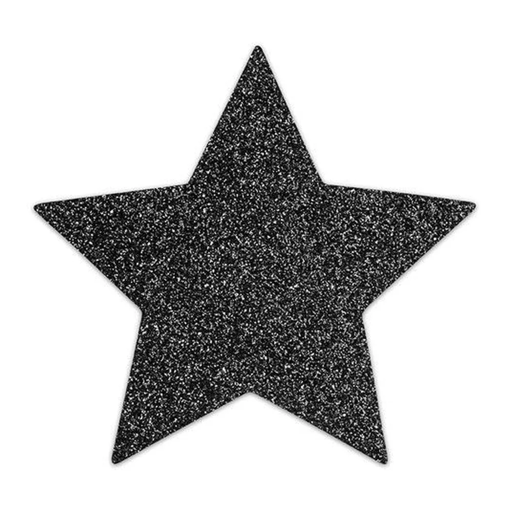 Boîte noire de la marque Bijoux Indiscrets avec deux capuchons tétons en forme d'étoile à paillettes noires, présentés en avant du packaging