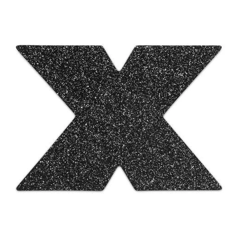 Emballage noir avec logo Bijoux Indiscrets et deux paires de cache-tétons en forme de croix pailletées noires devant le coffret