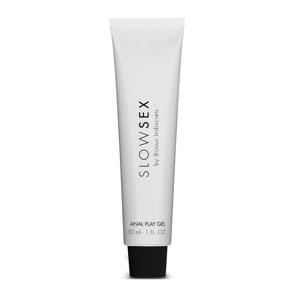 Tube blanc de gel anal Slow Sex de 30 ml, avec bouchon noir, sur fond blanc