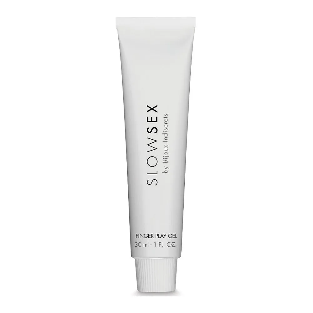 Tube blanc de gel de massage Slow Sex 30 ml, emballage avec texte noir et capuchon blanc strié