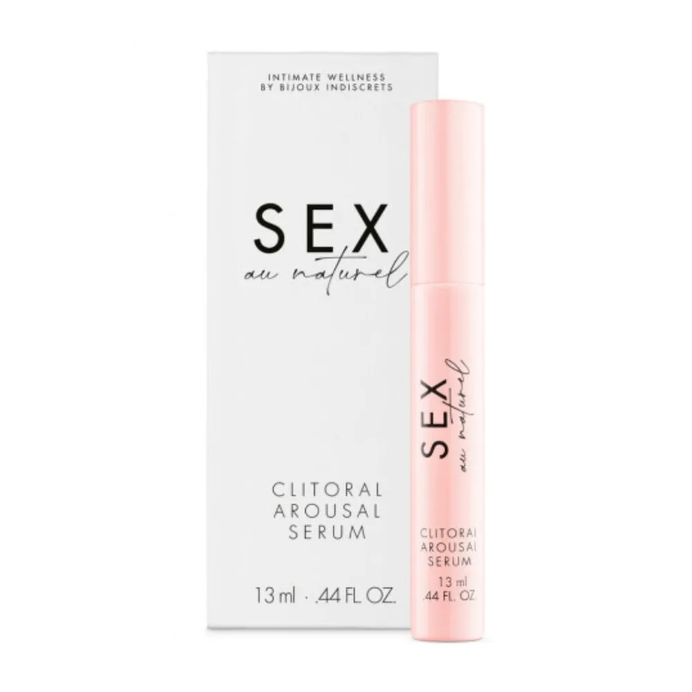 Flacon applicateur rose pâle de 13 ml de sérum clitoridien avec boîte blanche et texte « Sex au naturel », marque Bijoux Indiscrets