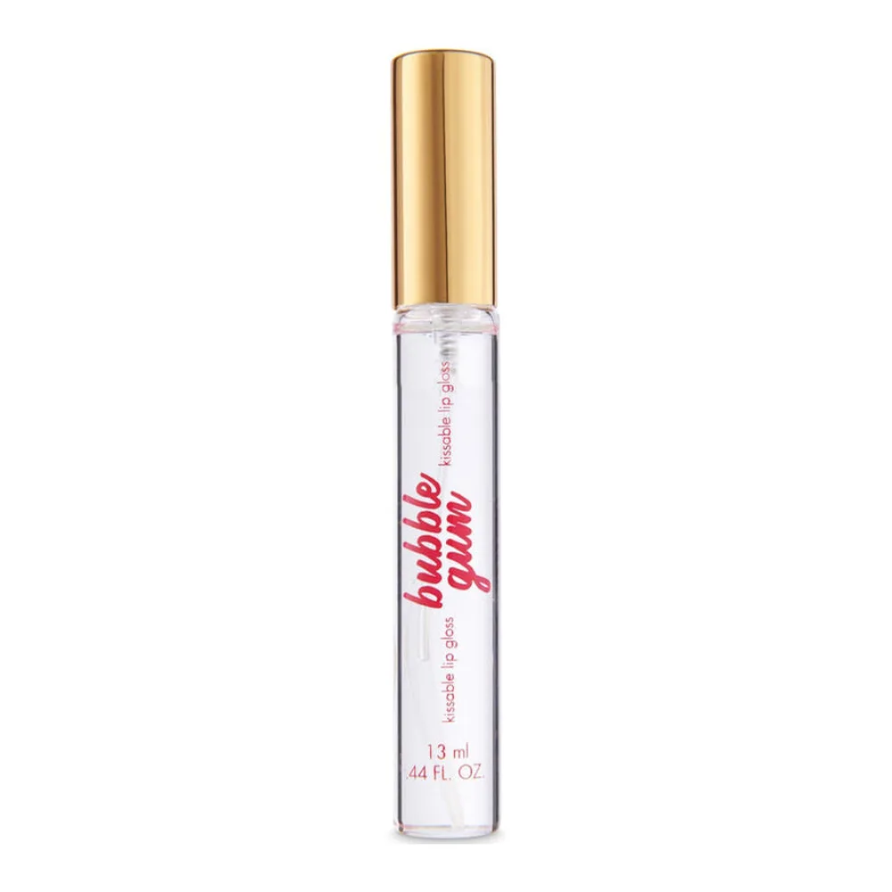 Flacon de gel de massage rose pâle avec pipette dorée, étiquette rose vif inscrite « bubble gum kissable massage gel », 30 ml