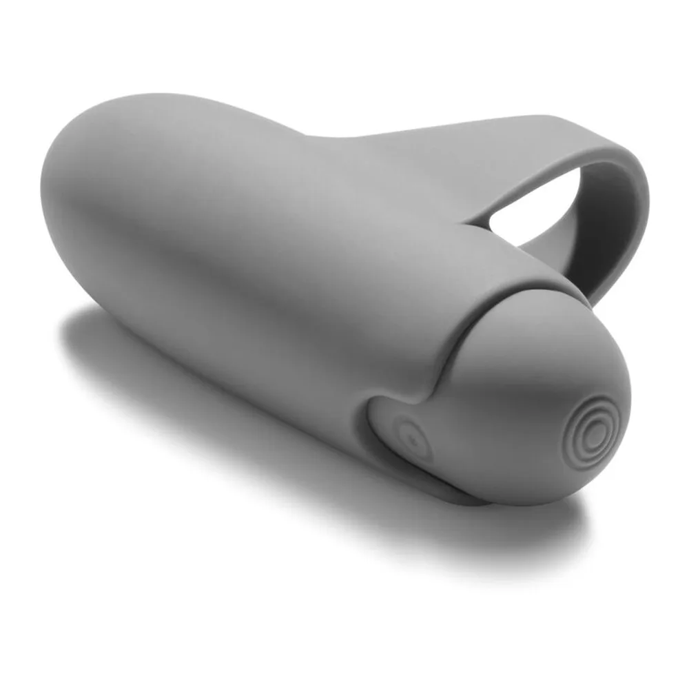 Vibromasseur cylindrique en silicone gris clair, forme allongée avec extrémité arrondie, bouton de commande visible sur le côté, présenté sur fond blanc