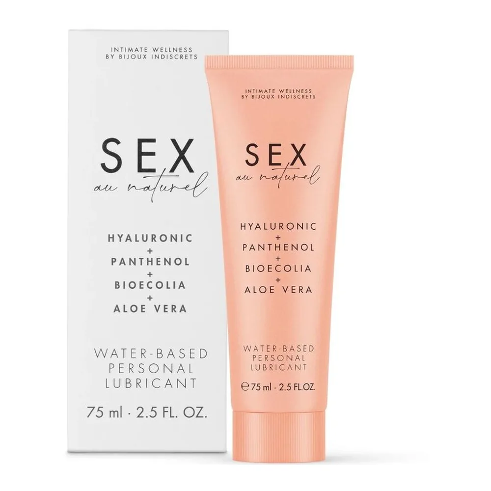 Tube de lubrifiant personnel base d'eau de 75 ml, couleur pêche, avec étiquette indiquant hyaluronique, panthénol, bioécolia et aloe vera